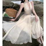 Chic Stunning Sleeveless Collar Hanging Neck Dress Summer New Gentle Temperament Closed Waist Show Thin Long Skirt-Outfit