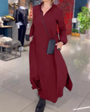 Fongt Autumn And Winter New Leisure Loose Solid Color V Collar Long-Sleeved Dress