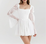 White Lace Long Sleeve Square Collar Mini Dress-Outfit