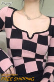 Y2K Korean Style Plaid Pink Cropped Sweater Womens Harajuku White Knitted Crewneck Jumper Pullover Female Slim Sexy