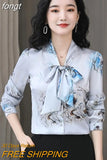 Silk Blouses Women Satin Print Blouse Women Long Sleeve Shirts Woman V-neck Silk Blouses Ladies Floral Blouse for