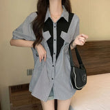 Lady Patchwork Striped Loose Blouse Female Clothing Stylish Shirring Single-breasted Summer Korean All-match Midi Shirt-Outfit