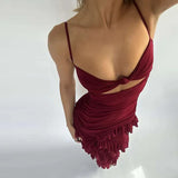 Burgundy Mesh Ruffle Strap Maxi Dress-Outfit