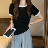 Fongt Female 2024 New Summer Design Sense Contrast Color T-Shirt Fashion Chic Irregular Short Student