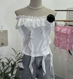 Real Shooting Pure Wind Lotus Leaf Side With A Word Shoulder Bra Small Vest Short Three-Dimensional Flowers Sleeveless Top