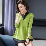 Patchwork Sweater Women Casual Loose Fake Two Piece Knit Tops Spring Fall Lapel Pullover Korean Mom Knitwear Jumper