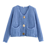 Fongt Women's Solid Color Single Buckle Double Pocket Short Thick Knit Shirt Coat Top B66004