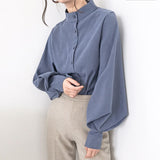 Lantern Sleeve Blouse Women Autumn Winter Single Breasted Stand Collar Shirts Office Work Blouse Solid Vintage Blouse