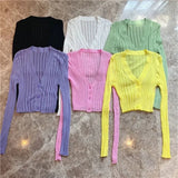 V-neck Solid Cropped Cardigan Women Korean Autumn Long Sleeve Thin Ice Silk Knitted Sweaters Air Conditioner