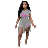 Plus Size Women Set S-5XL PINK Letter Print Round Neck Top And Tassel Shorts Two Piece Sets Casual 2pcs Outfits