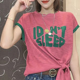 Sleeve Casual Broken Flowers Letter Printed Pullovers Women's Clothing Stylish Bandage Bow Summer O-Neck Spliced T-shirt-Outfit