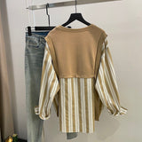 Women's Clothing Casual Striped Loose Blouse Korean Fake Two Pieces Round Neck Button Spring Autumn Basic Spliced Commute Shirt-Outfit