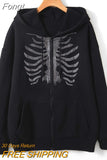 Clothes Rhinestone Skeleton Pattern Zip Up Drawstring Thermal Hoodie Streetwear Diamond Harajuku Jacket Tops Autumn