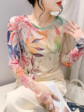 Spring Summer Intimated Silk Fabric T-shirts For Women Fairy Printing Floral Tee Shirt Female Slim High Stretch Top-Outfit