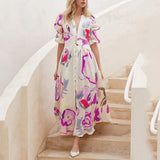 Fongt 2025 New Women's Beach Dress Body Swings Four-Sided Bullet-Printed Long