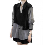 Streetwear Striped Casual Patchwork Blouse Women's Clothing Button Loose All-match Spring Autumn Turn-down Collar Shirt-Outfit
