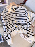 Star Pattern Button Front Knit Cardigan For Women Fashion O-Neck long sleeves Striped Swaters Autumn and Winter