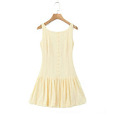 Buttoned Puff Ruched Mini Dress-Outfit