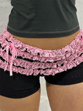 Women Summer Lace Trim Shorts Black Elastic Band Tiered Tulle Drawstring Ruffles Slim Fit Patchwork Shorts Streetwear-Outfit