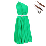 Fongt With Belt Women's New Fashion Temperament Slanted Shoulder Solid Color Pressure Folding Large Dress Folding