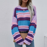 Patchwork O-neck Women's Sweater 2021 Autumn Winter Long Sleeve Drop Shoulder Female Pullovers Loose Fashion