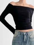 Solid Color Off Shoulder Slim Long Sleeve Tee-Outfit