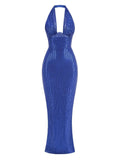Halter Deep V Neck Sequin Maxi Dress-Outfit