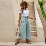 Fongt New Women's Summer Loose Waist Solid Cotton Belt Broad Leg Pants Loose Nine-Point Trousers Women