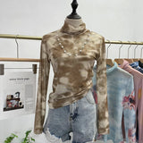 Autumn Single-Layer Mesh Base T Shirt Girls Printed Full Sleeve Turtleneck Tees Slim Women See Through Tshirts-Outfit