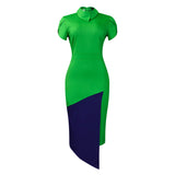 Fongt Women's Summer Collar Fashion Temperament Short-Sleeved Bag-Cuffed Crooked Pencil Dress African Dress