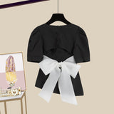Women Summer Two Pieces Set Korean Casual Backless Bow Bandage Short Sleeve Tops + Irregular Mesh Patchwork Skirt Sets For