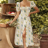 Fongt Women's New Floral Square Collar Sexy Slit Big Swing Autumn And Winter Dress