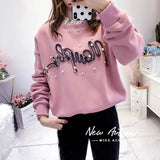 Clothing Casual 3D Letter Sweatshirts Fashion Pearl Beading Spring Autumn Korean Loose O-Neck Lace Patchwork Pullovers-Outfit