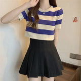 Fongt Classic Bump Striped Short-Sleeved Ice Silk Knitted Women's Summer T-Shirt Short Repair Small Shirt