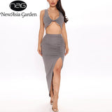 Casual Two Piece Set Women Sexy Knotted Crop Top Side Split Pleated Long Skirts 2 Piece Set Gray Summer Party