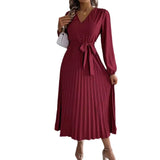 Autumn And Winter Temperament Elegant V-Neck Button Tie With Big Swing 100 Folds Long Dress Dress Women's