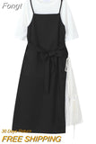 Split Dress Women Casual Patchwork Loose O-Neck Daily Korean Style Fake Two Piece 2023 Summer Chic Dresses