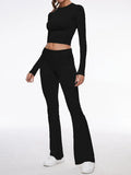 Long Sleeve Cropped Top Fold-over Flare Pants Set-Outfit