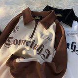 Brown Raglan Sleeves Sweatshirt Men Women Hip Hop Letter Print Zip Up POLO Neck Pullover Autumn Winter Long Sleeve