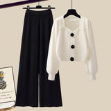 Knit Sets Womens Outfits French Vintage Square Collar Knitted Sweater And Wide Leg Pants Two Pieces Sets Office Lady