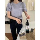2024 Summer New Oversize Beautiful Korean Sweater Bubble Short-Sleeved T-Shirt Blouse-Outfit