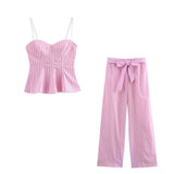 Fongt New Pink Shirt Suede Set Striped Three-Piece Set
