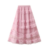 Fongt Heavy Industry Lace Cake Skirt Long Skirt Sweet Wind High Waist Wood Ear Net Yarn Skirt 1276