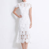 Fongt High-End Heavy Industry Hollow Water-Soluble Lace Collar Dress Female Summer Temperament Elegant Fishtail Dress Dress