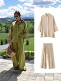 Fongt Explosion Women's Wide-Sleeved Linen Shirts Tight Straight Pants Set