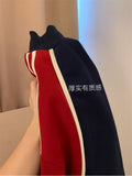 Women's Clothing Mid Height Collar Sweatshirt Pullover Patchwork Contrast Color Aesthetic Harajuku Casual Loose Long Sleeve
