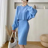 2022 New Fall/Winter Bat Sleeve O-Neck Soft Sweater + Women's Knitted Vest Long Dress Two-Piece Dress
