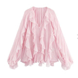 Fongt New Women's Fashion Cascade Decoration Fashion Chiffon V-Neck Long-Sleeved Shirt