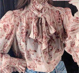 Tingfeng's PINK PETAL printed bow tie, pressed folding lotus leaf long sleeved shirt