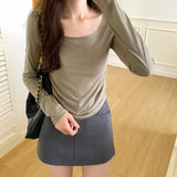 Shoulder Loose Collar Pleated Long T-Shirt Women's Undershirt Pleated Tight Short Blouse-Outfit
